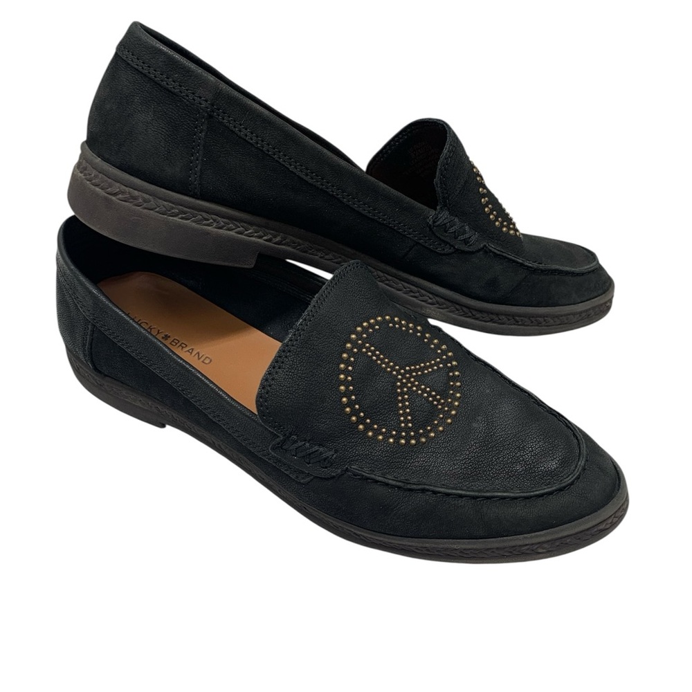 Lucky Brand Black Leather Loafers | Studded Peace Sign | Women’s 8.5- Boho!